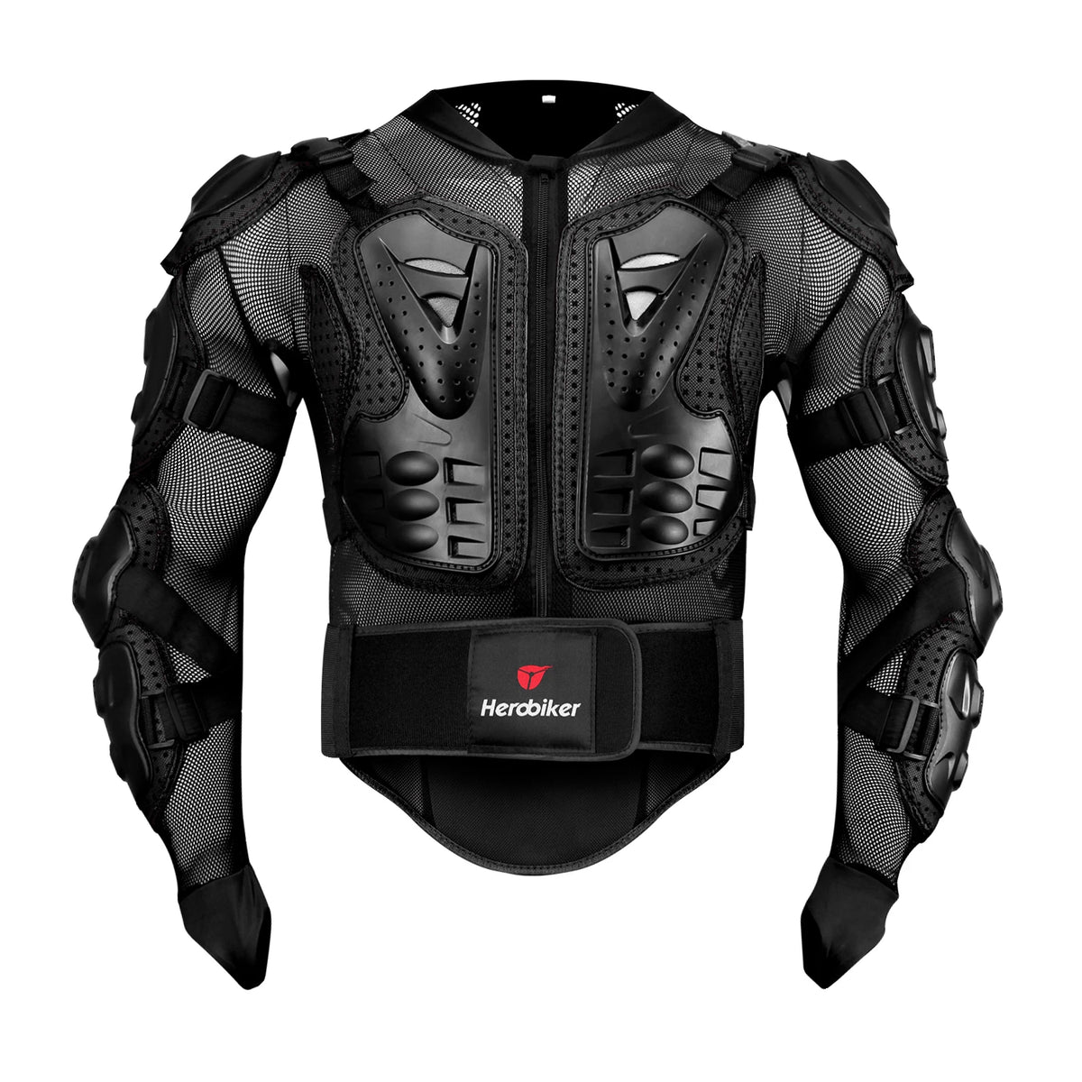 Black heavy-duty motocross riding jacket with mesh and armored panels