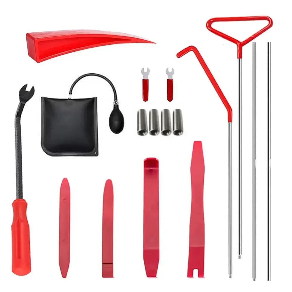 A set of professional car door repair and alignment tools including a red tool, various metal tools, and plastic components.