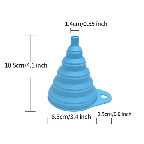 Blue silicone funnel with a narrow neck and wide base for engine fluids