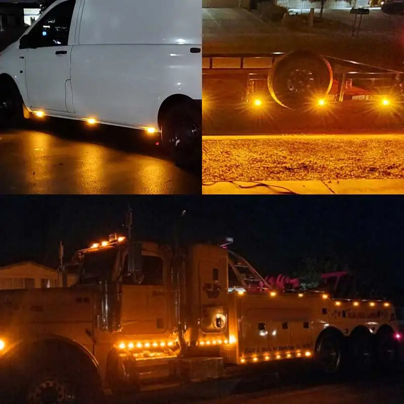 A white van with bright yellow LED marker lights illuminating the ground at night.
