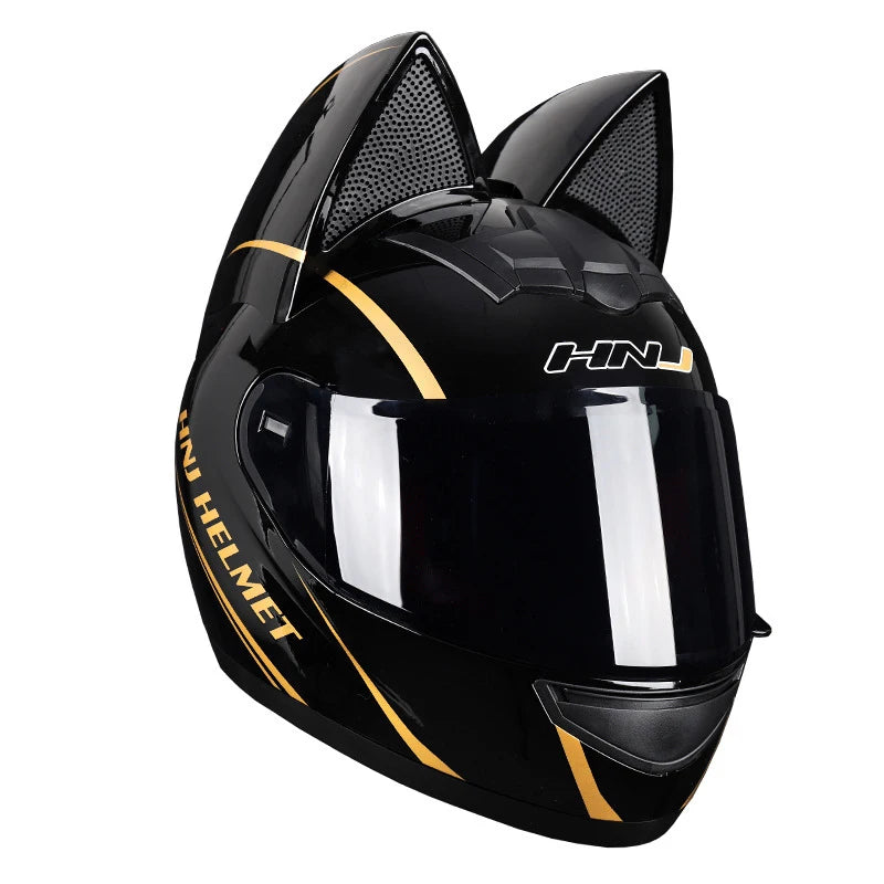 Black cat-ear full face motorcycle helmet with gold accents