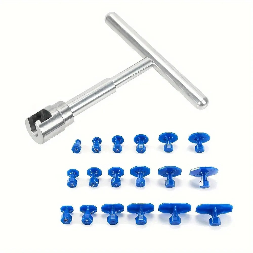A professional auto dent repair kit showing a metal tool and several blue plastic repair components.