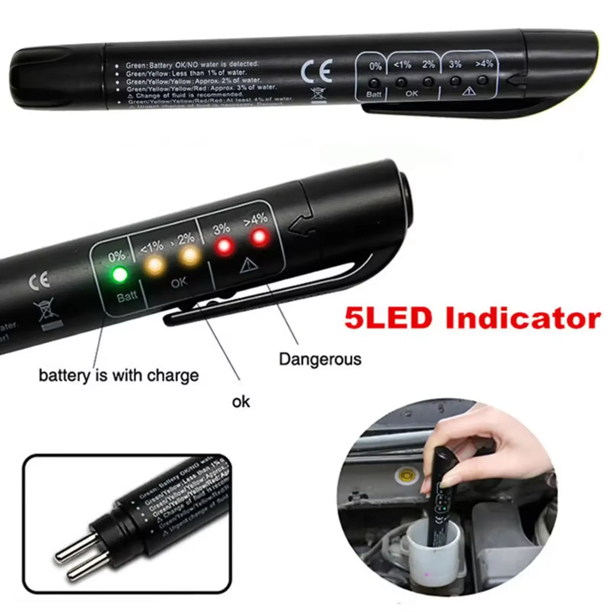 A black brake fluid quality tester with a LED indicator showing battery status and OK/Dangerous levels.