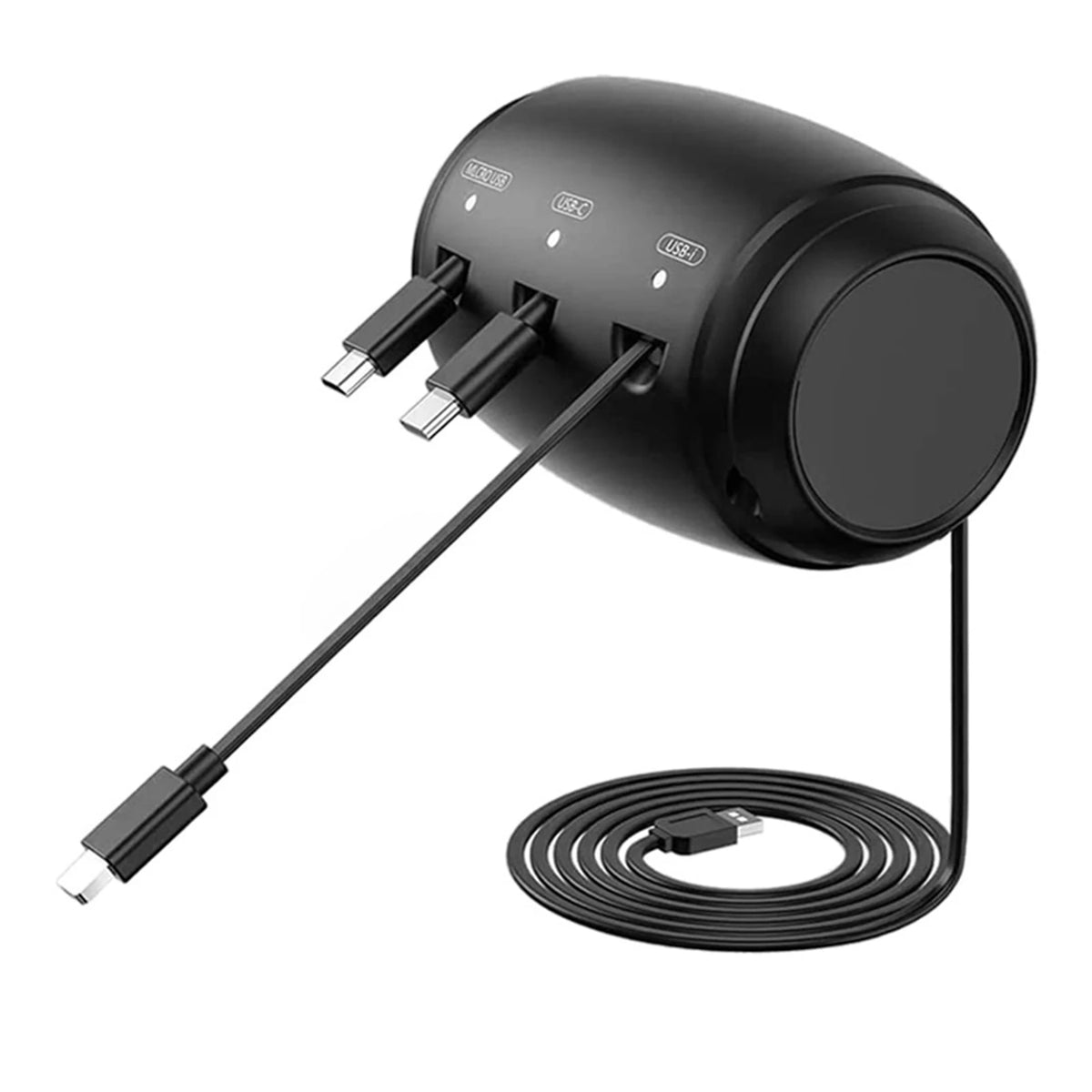 A black retractable car headrest charging cable with multiple ports and a coiled cord.