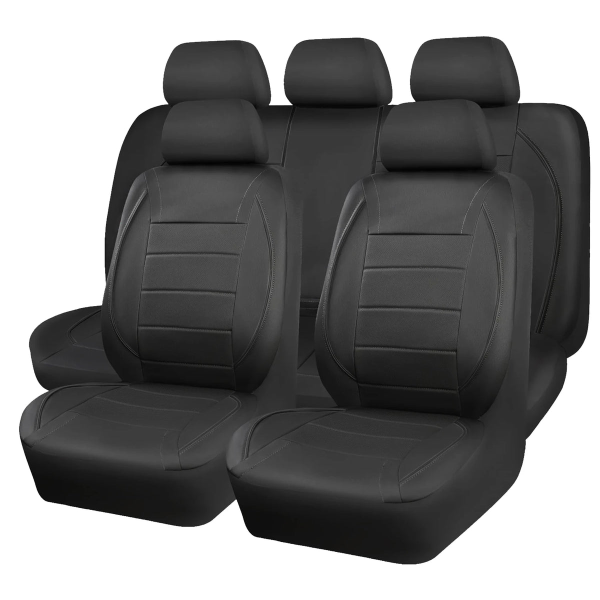 A set of four black universal leather car seat covers arranged in a row.