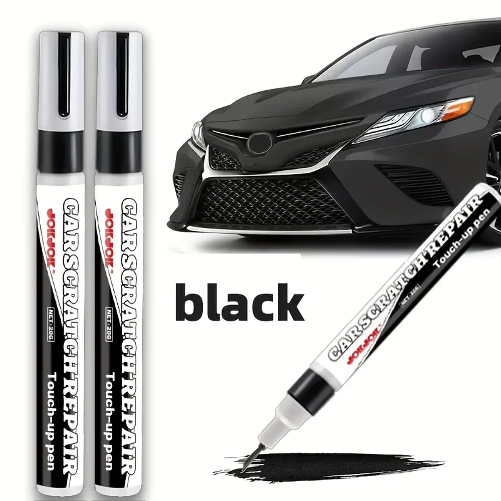 A black precision car touch-up pen is shown next to a car, demonstrating its use for repairing scratches and chips.
