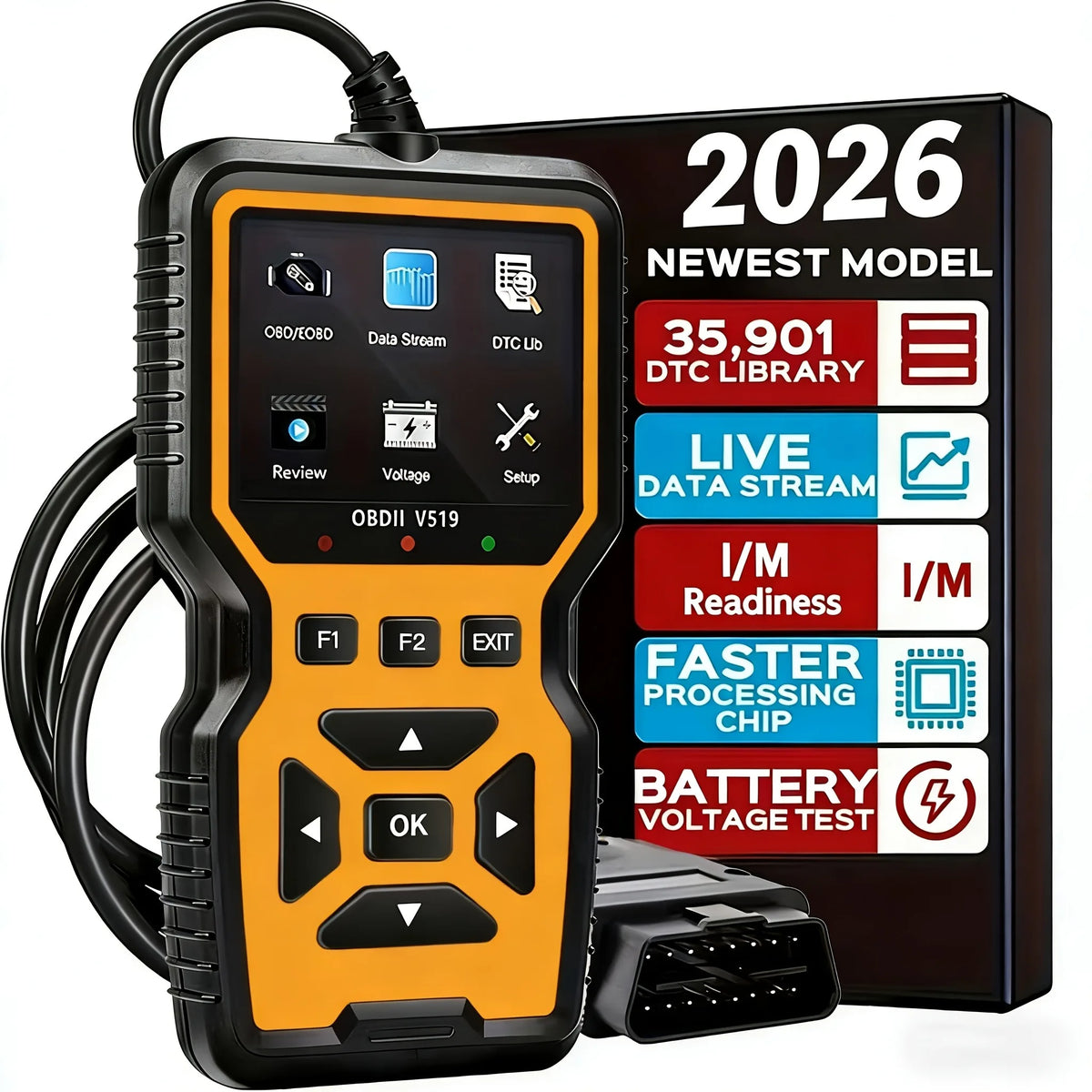 An orange and black professional OBD2 diagnostic scanner device with a cable and a black box in the background.