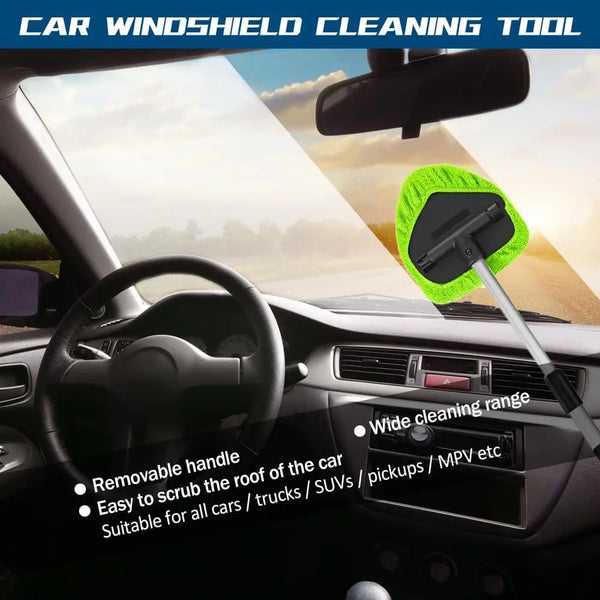 A yellow-green car windshield cleaning tool is shown being used on a car interior.