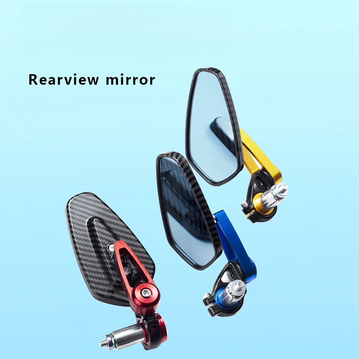 A set of carbon fiber handlebar rearview mirrors with yellow and blue mounting brackets.