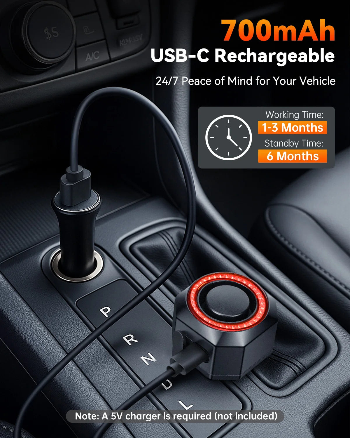 A USB-C rechargeable portable car security alarm device is shown plugged into a vehicle's port.
