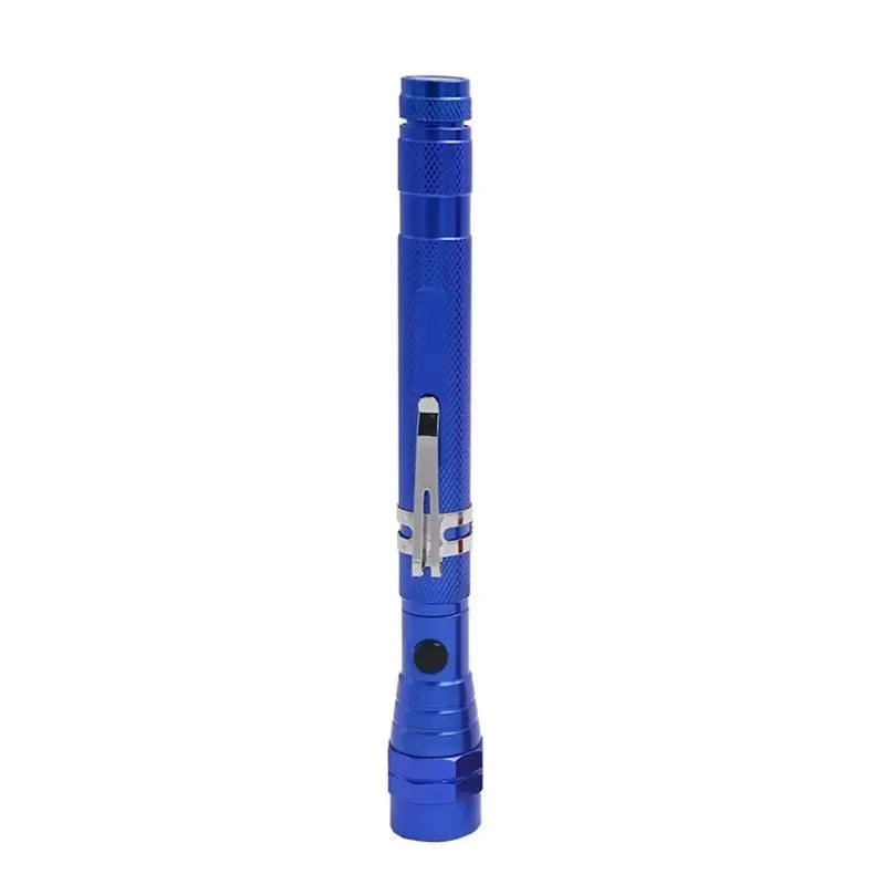 A blue 360° flexible magnetic LED flashlight with a silver tip.