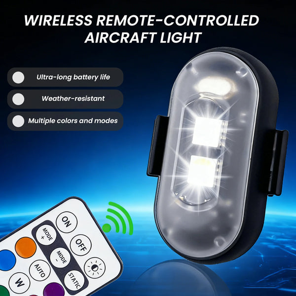 Un avión controlado por radio con luz inalámbrica junto a un dispositivo de control, destacando sus características.