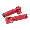 A pair of red universal motorcycle foot pegs and footrests with textured grips.