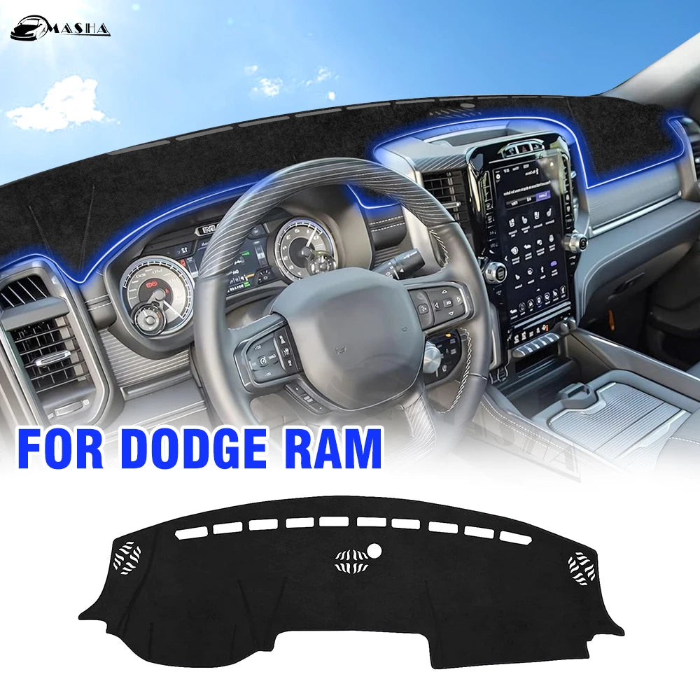 Black custom fit dashboard mat designed for a Dodge Ram vehicle interior