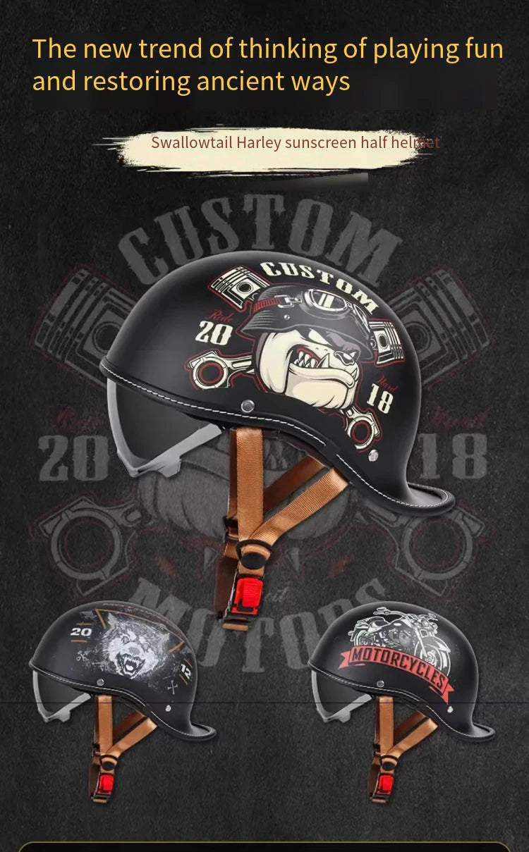 Custom schwarze Retro-Motorrad-Halbhelm mit Grafikdesign und Lederriemen.