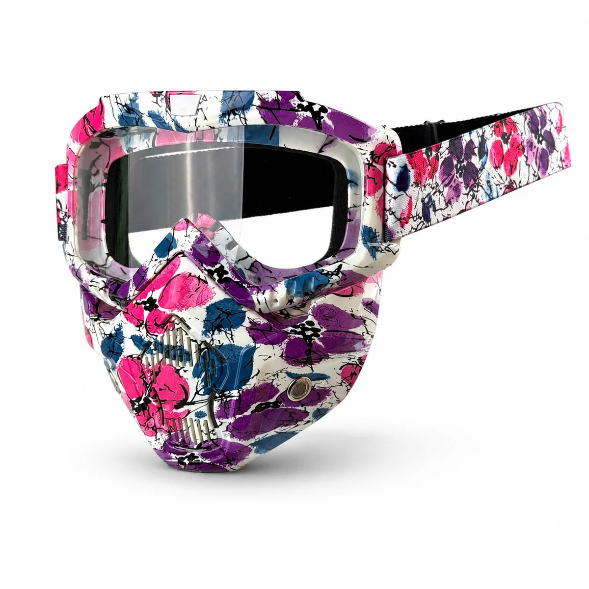 Tactical full face motorcycle goggles featuring a vibrant floral pattern on the frame and lens.