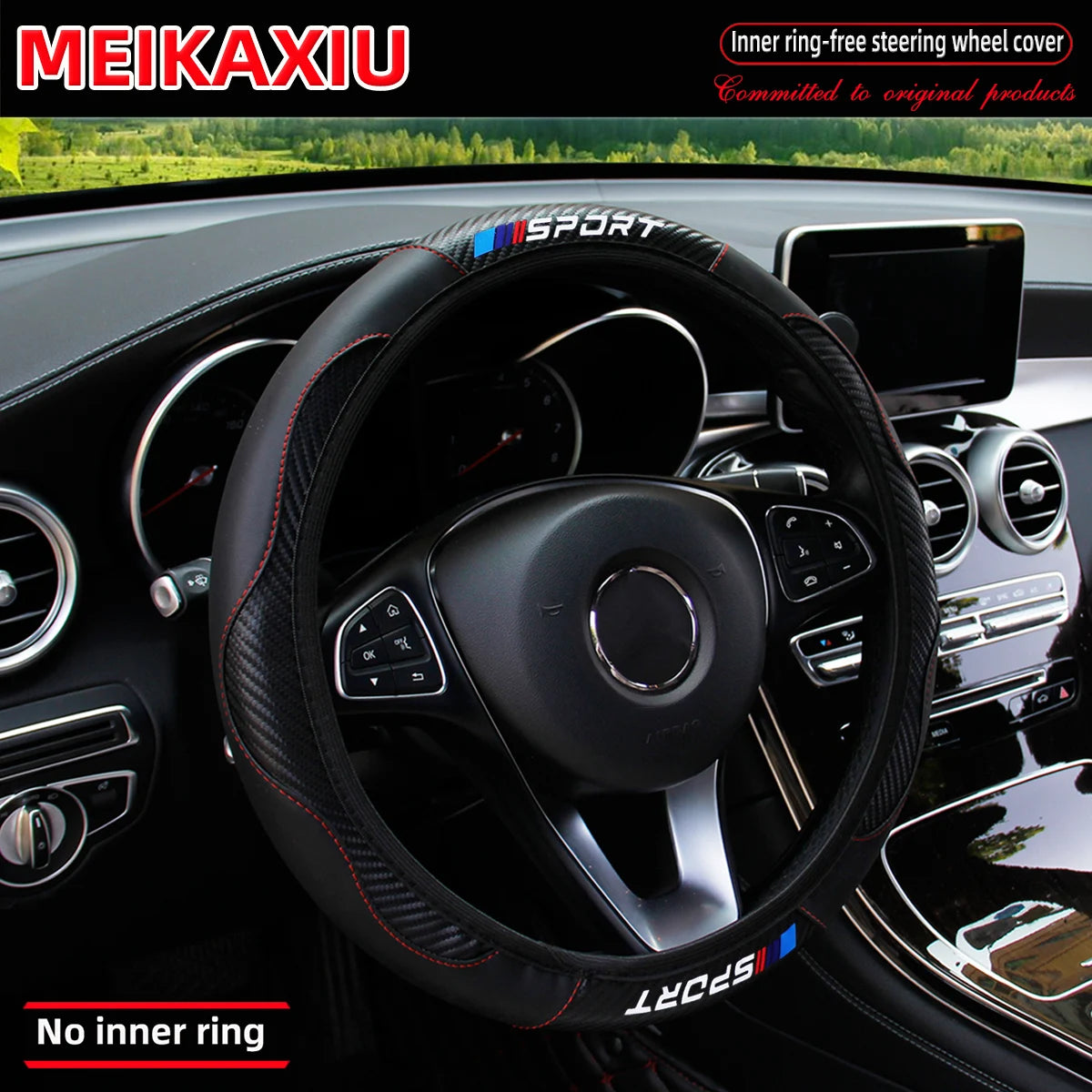 Black steering wheel cover with red stitching and Sport branding installed in a car interior.
