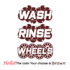 A logo featuring the words WASH RINSE WHEEL'S with a brown color scheme.