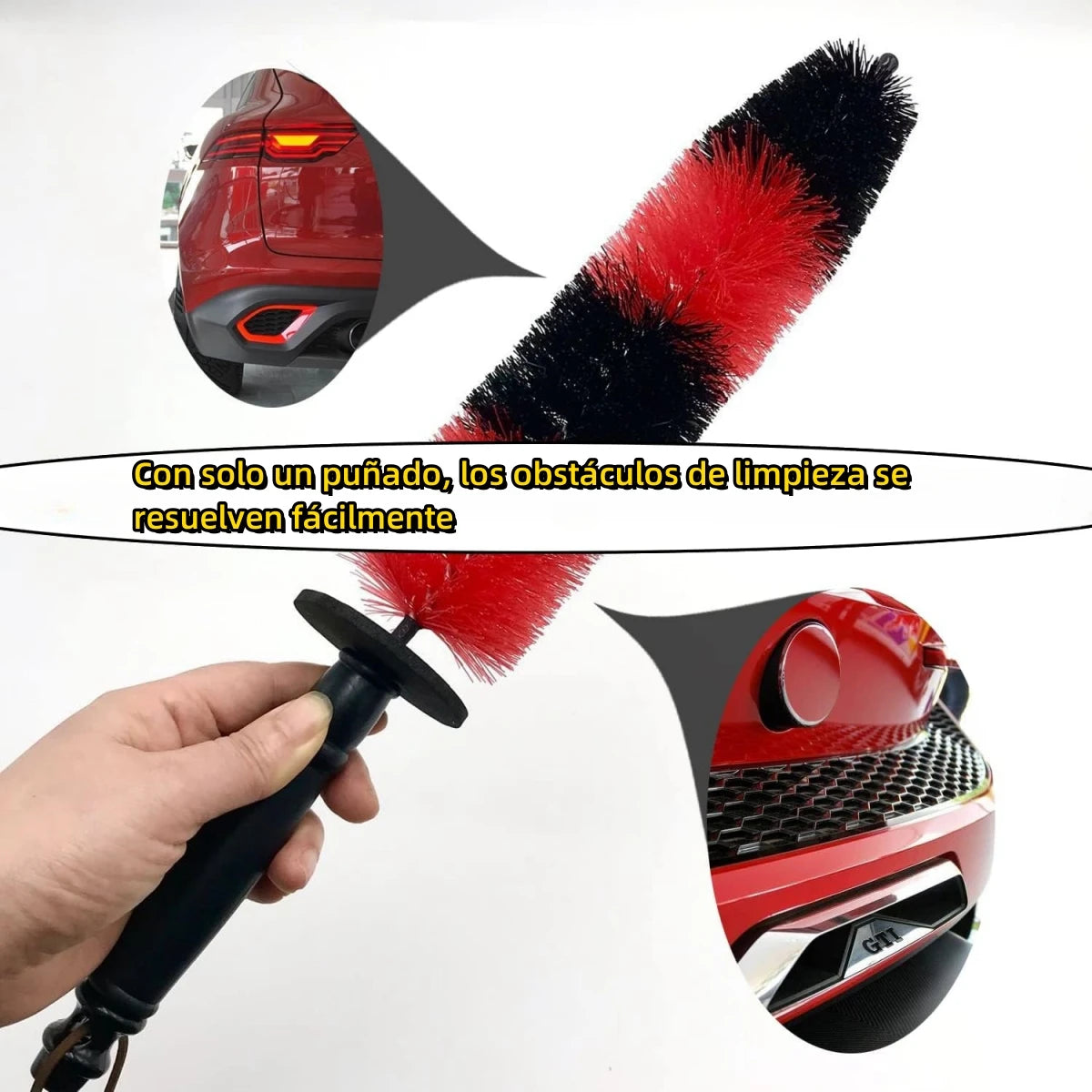 Une main tient un ensemble de brosse pour nettoyer une roue et un rebord avec une tête à poils rouge et noir, démontrant son 