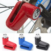Red, blue, and black heavy duty motorcycle wheel disc brake locks shown in various angles.