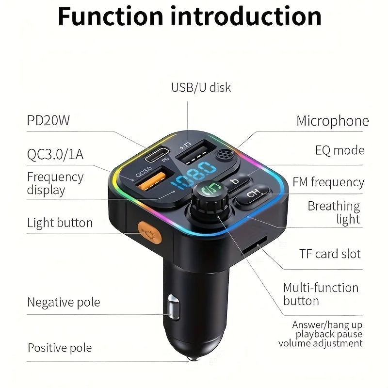 A black Bluetooth FM transmitter device showing various features like a USB disk, microphone, frequency display, and buttons.