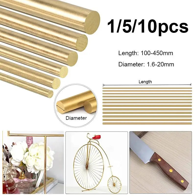 Brass round rods in 1/5 or 10 pieces with diameters ranging from 1.6 to 20mm for DIY craft and jewelry making