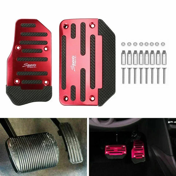A set of red and black non-slip automatic brake foot pedal covers for vehicle use.