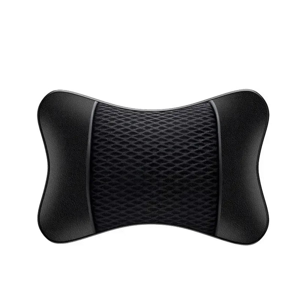 Black ergonomic leather headrest and neck support cushion.