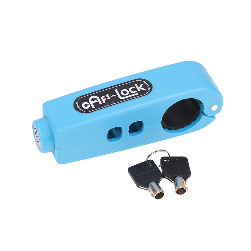 Candado de freno azul claro antirrobo con llave y cilindro negro sobre fondo blanco.