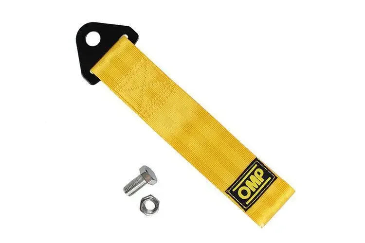 Yellow heavy-duty bumper tow hook with a rope for vehicle recovery