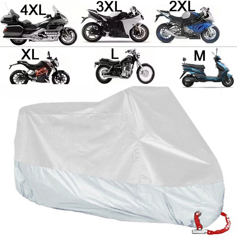 A variety of motorcycle covers in different sizes (4XL to M) are displayed above a white waterproof cover.
