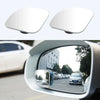 Two white dual adjustable wide angle blind spot mirrors shown separately and installed in a car's side view.