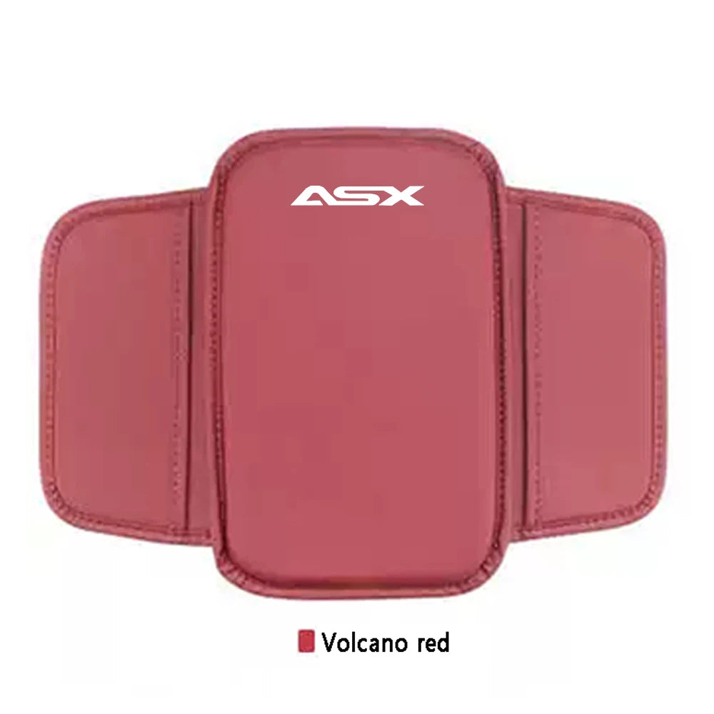 A maroon car armrest protector and storage pad with an ASX logo visible.