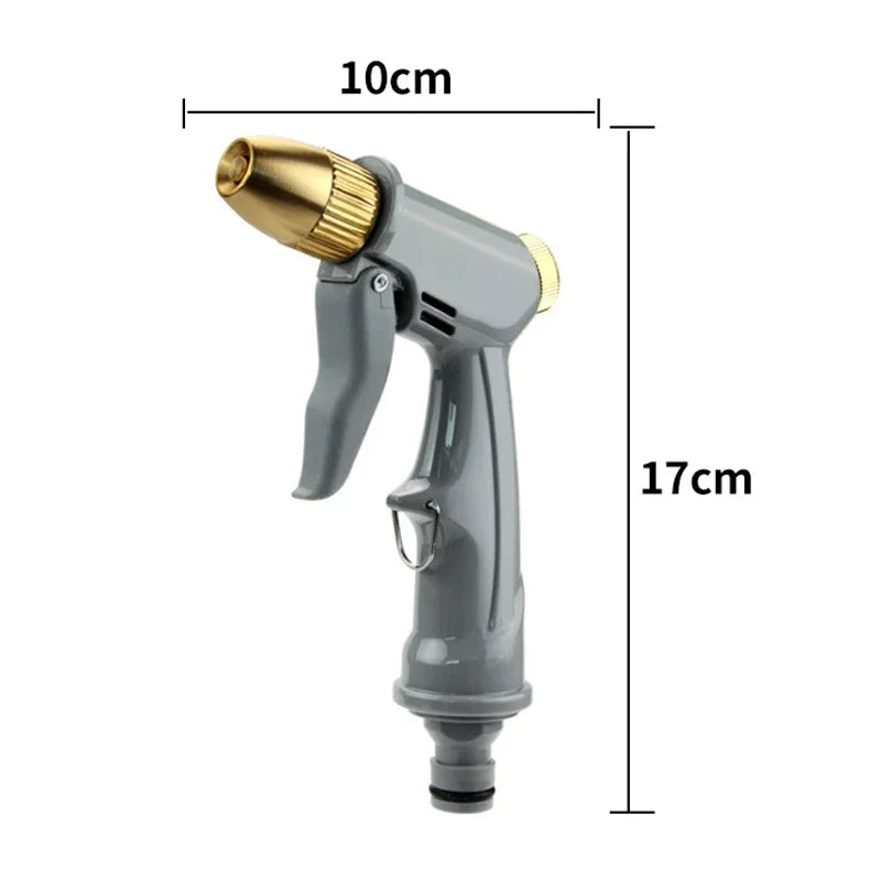 A silver high-pressure adjustable water gun with a brass nozzle, shown in a side profile.