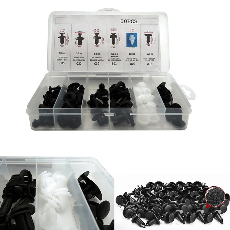 Une boîte en plastique transparent contenant divers clips universels pour pièces de carrosserie automobile.