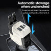 A white car charger with Type-C connector is shown plugged into a vehicle port, demonstrating automatic stowage.