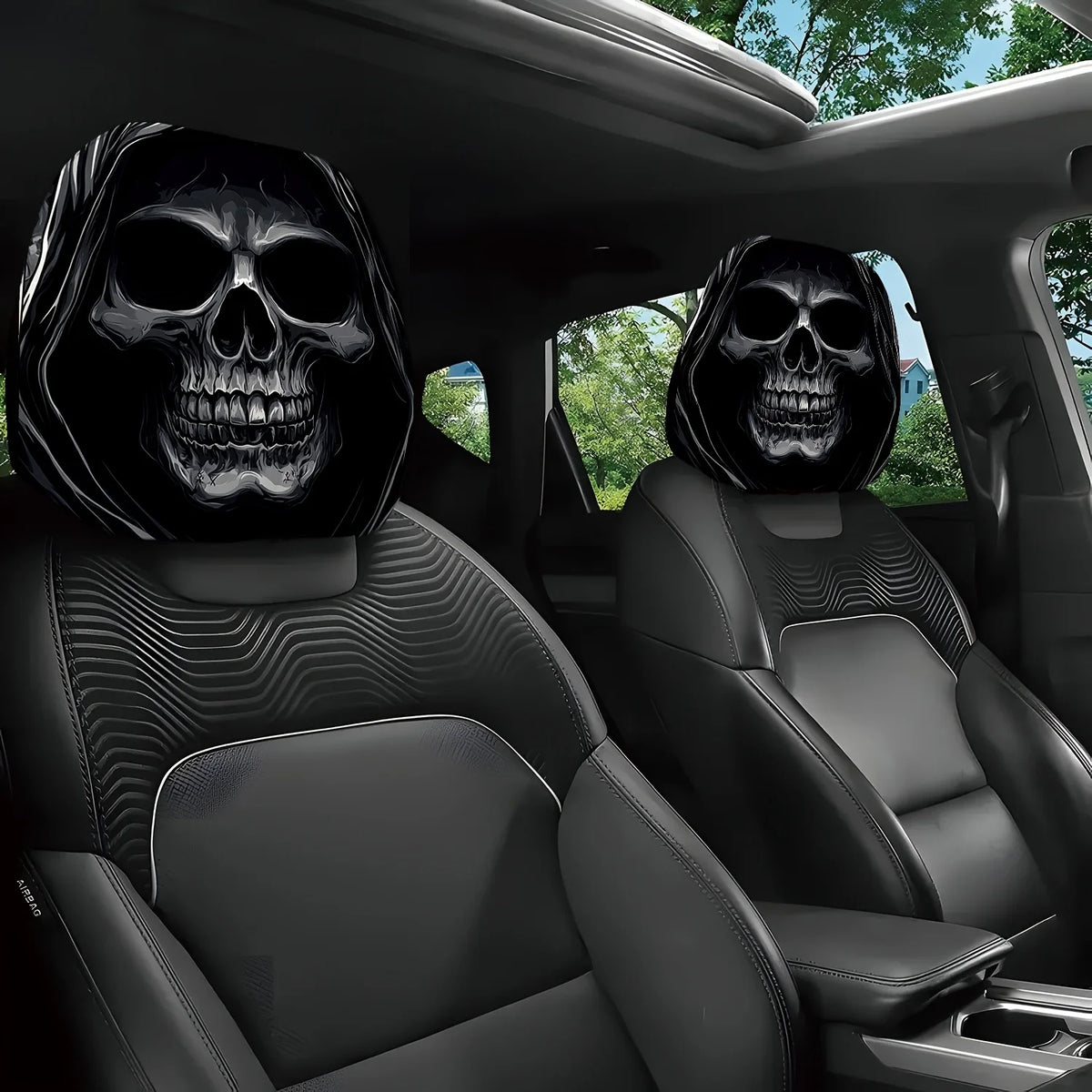A pair of black portrait print car headrest covers featuring skull designs on a car seat interior.