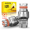 A package of AUXITO LED Light flash bulbs and a silver strobe brake light bulb with dual socket compatibility.
