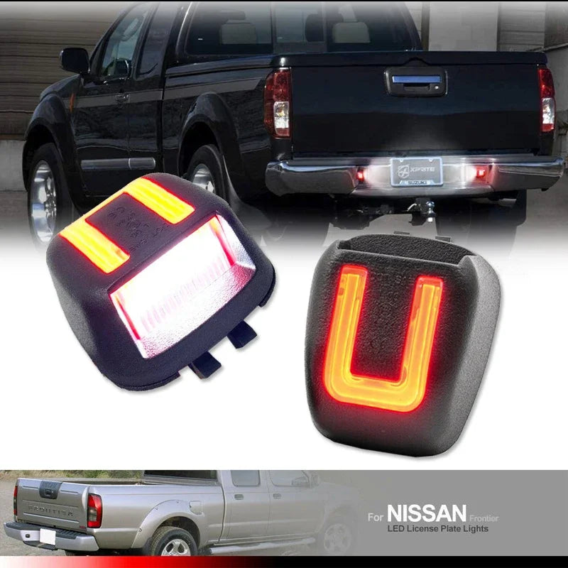 LED license plate lights for Nissan Frontier, Titan, Xterra, Armada & Suzuki Equator shown with a truck and separate light un