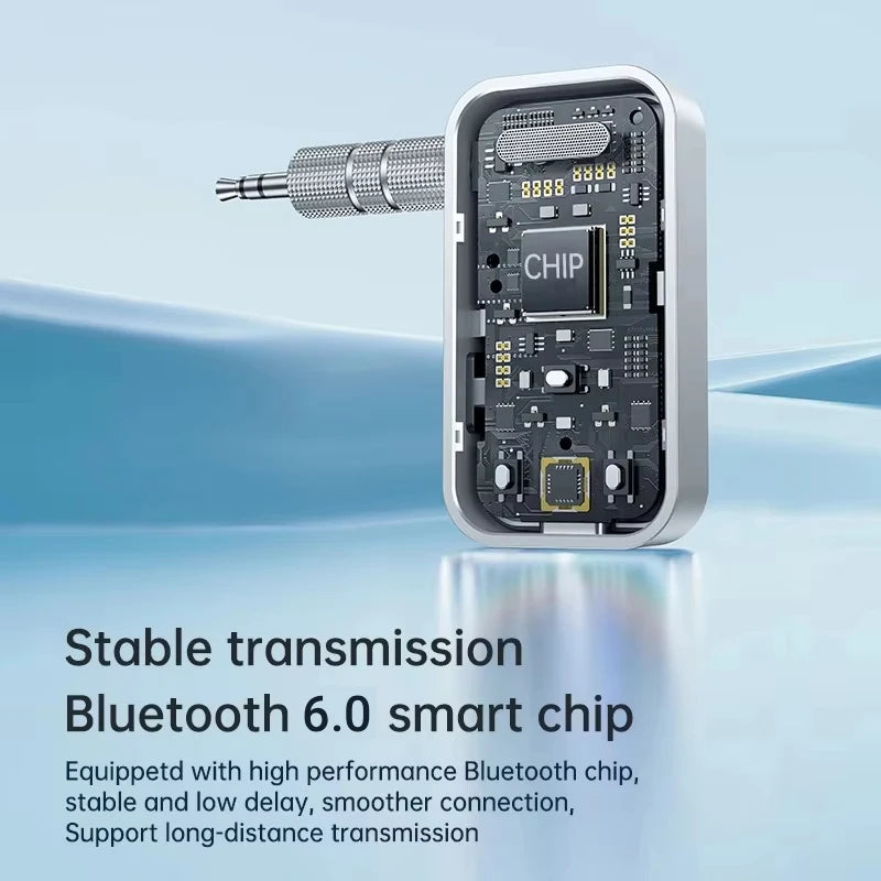 A silver Bluetooth 6.0 smart chip module with a connector is shown against a light blue background.