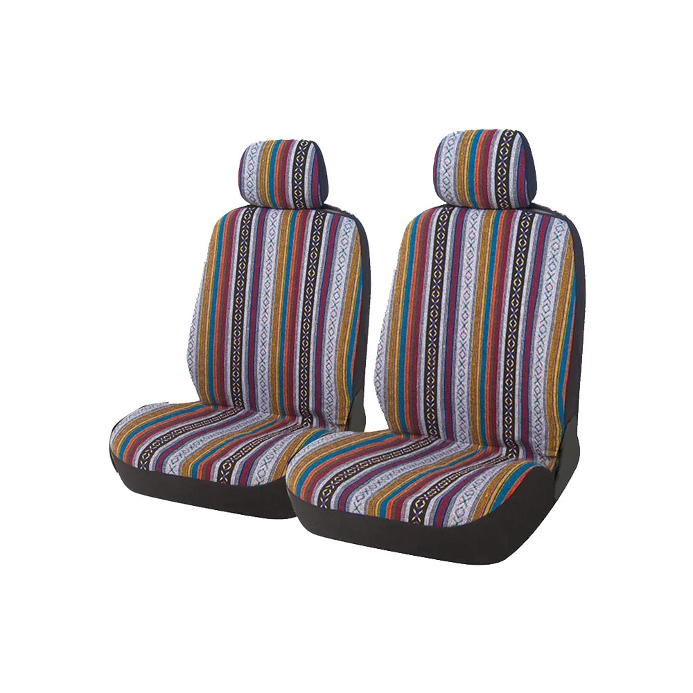 A set of striped universal seat covers designed for vans and trucks.
