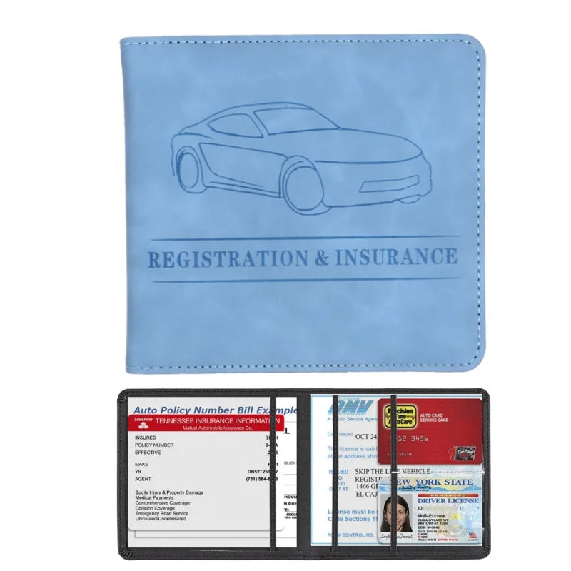 A light blue PU leather document organizer featuring a car illustration and text for registration and insurance documents.