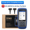 A blue XTOOL TP150 diagnostic tool and two rubber sensors are shown next to its packaging.
