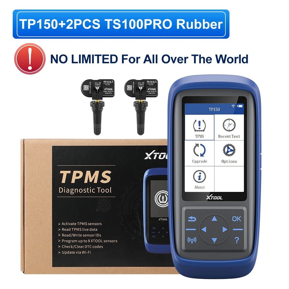 A blue XTOOL TP150 diagnostic tool and two rubber sensors are shown next to its packaging.