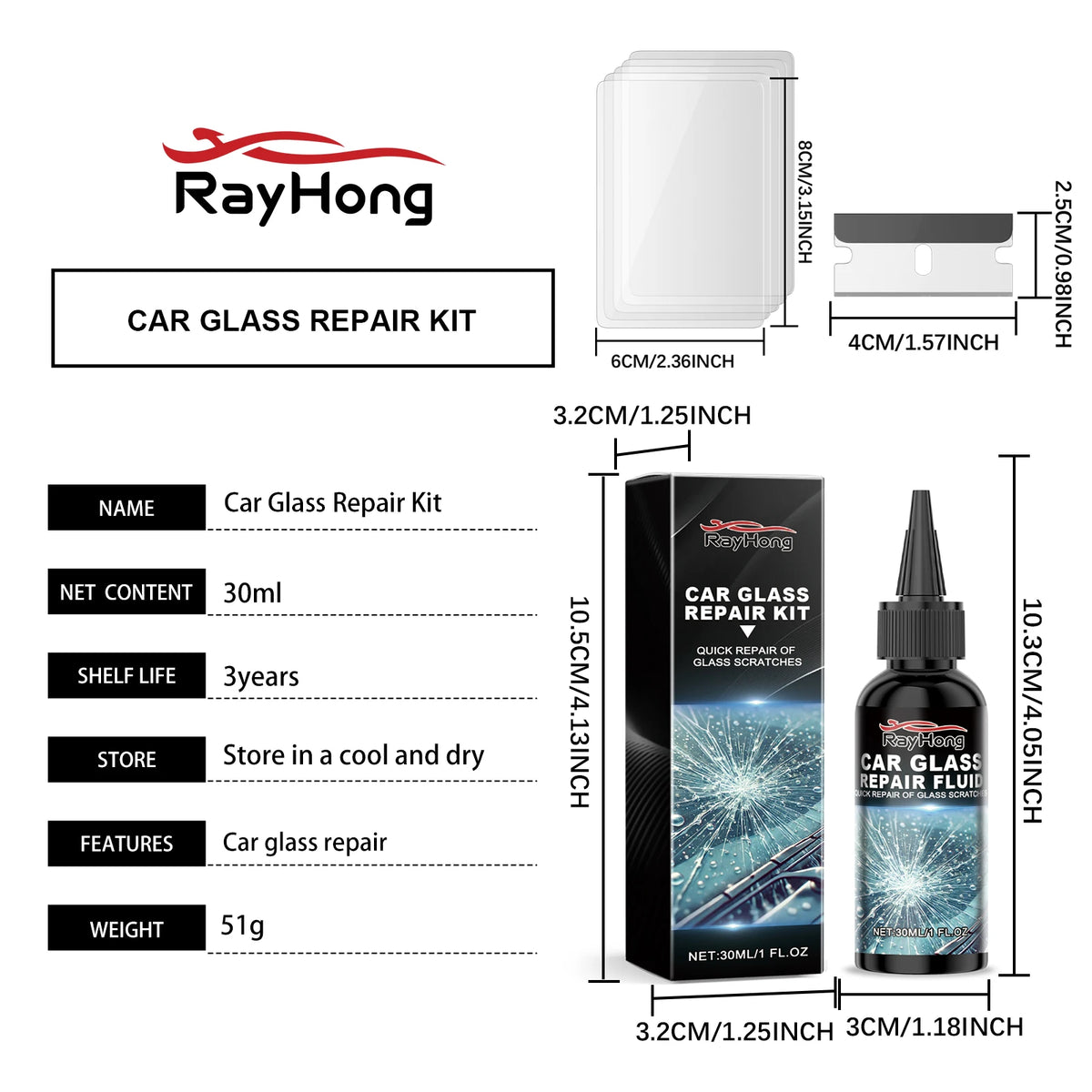 RayHong Car Glass Repair Kit showing various components and a glass repair fluid bottle.