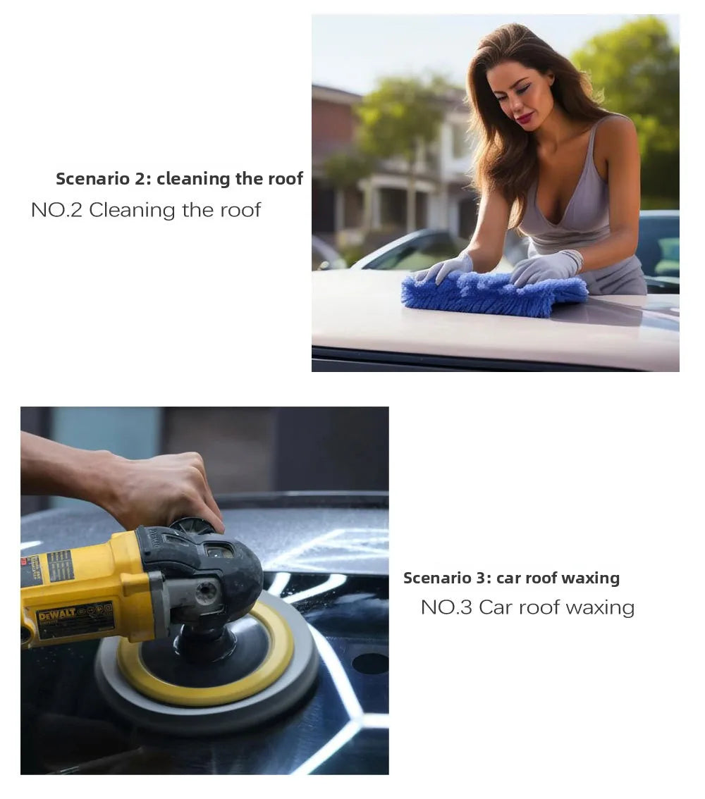 A woman is cleaning a car roof with a blue cleaning cloth, demonstrating Scenario 2 of cleaning the roof.