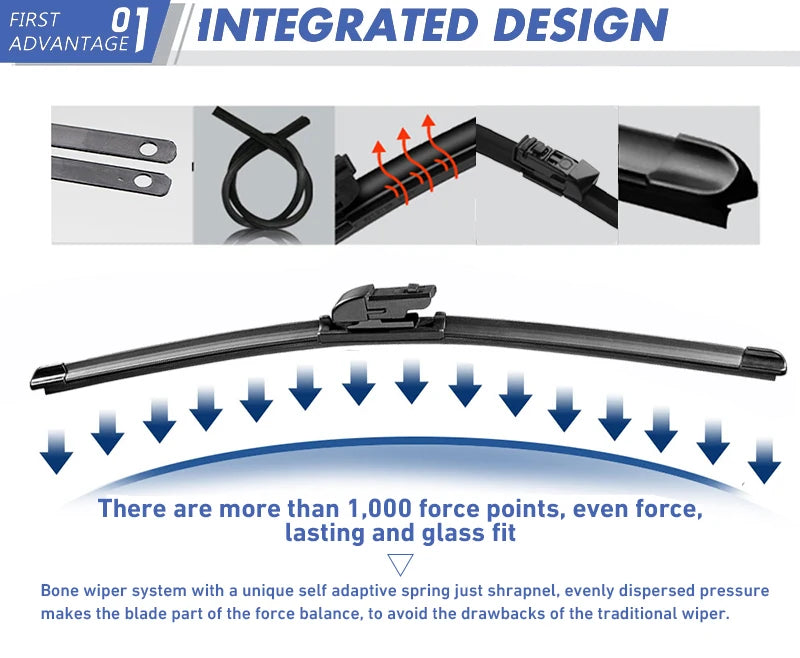 Integrated design wiper blade system showing various components and a finished wiper arm.