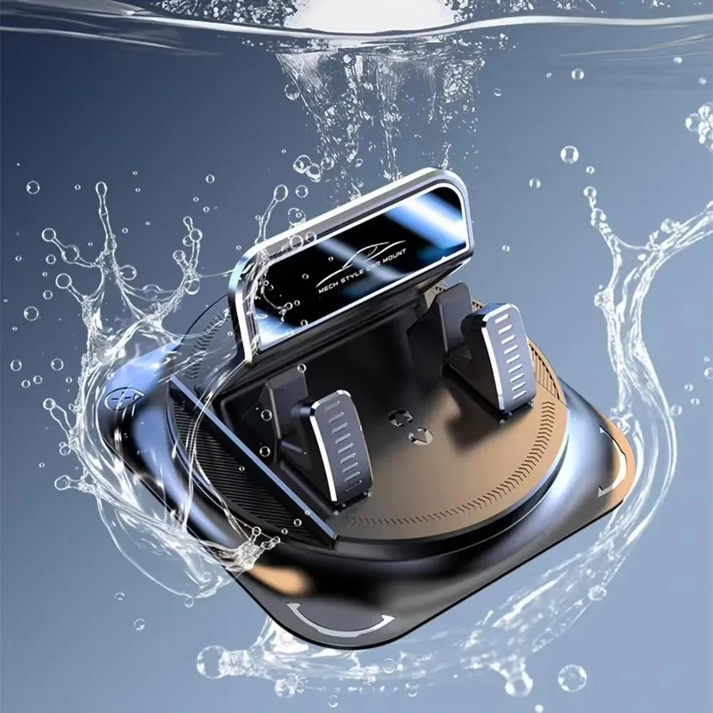 Support de téléphone pour voiture rotatif noir, submergé dans des gouttes d'eau sur fond bleu.