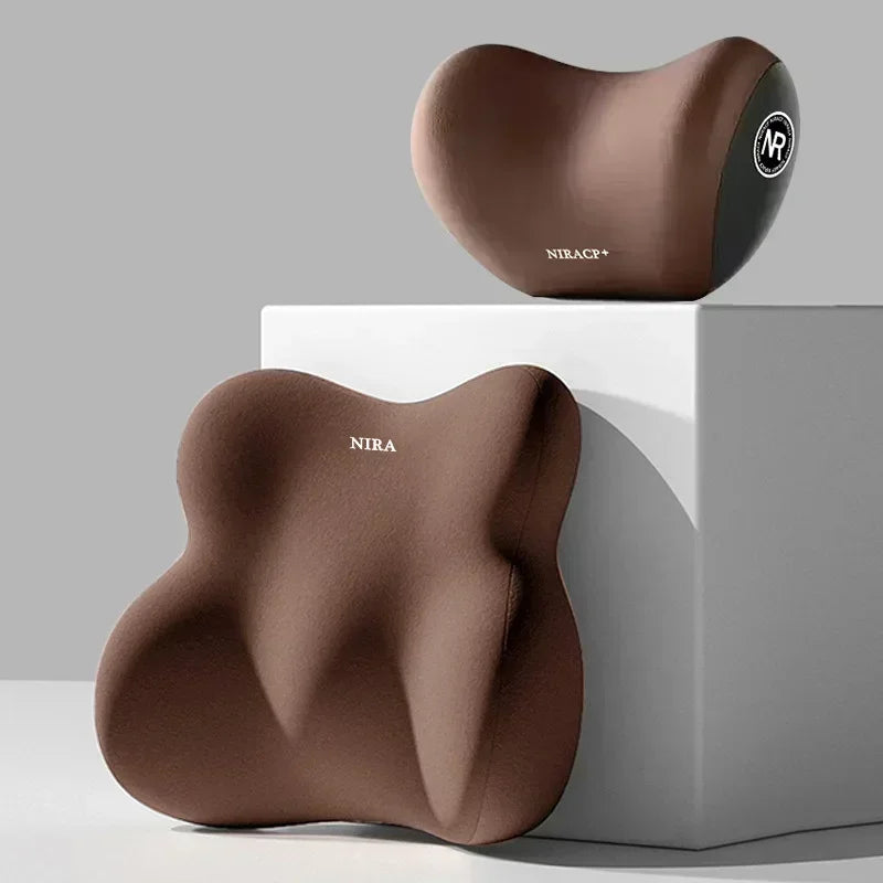 A brown ergonomic memory foam pillow for car neck and lumbar support, shown in two variations.