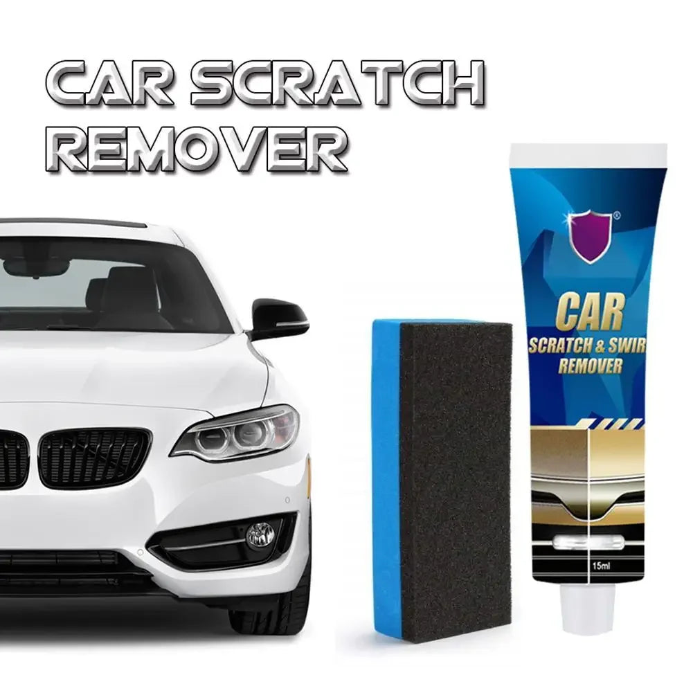 A bottle of car scratch and swirl remover polish next to a white car, demonstrating its use.